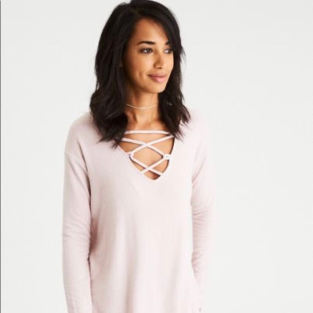 American Eagle Sexy Plush Lace-Up V-Neck Sweater - Picture 2 of 2